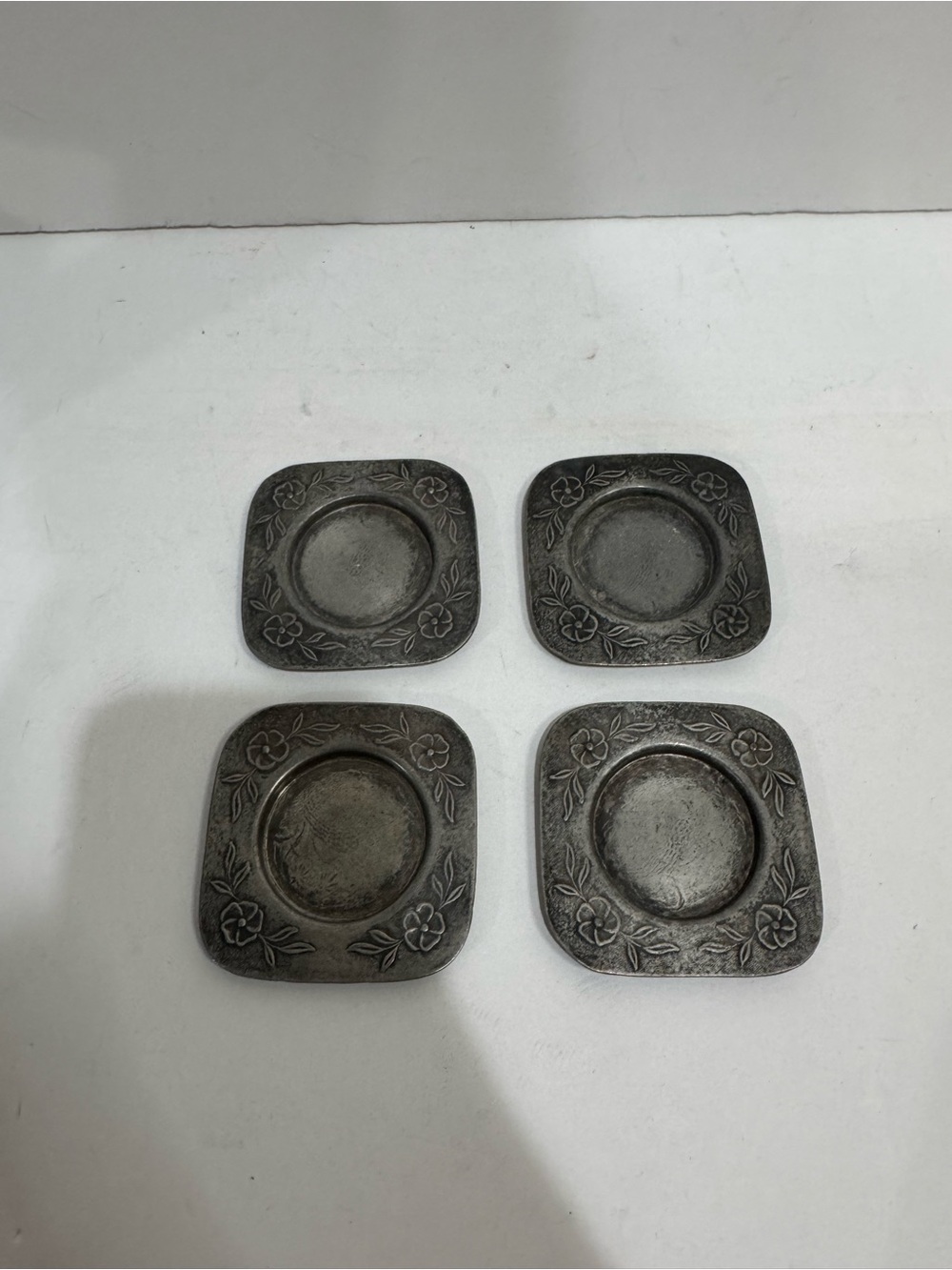 Vintage Floral Pewter Mini Coasters / Dishes - Set of 4